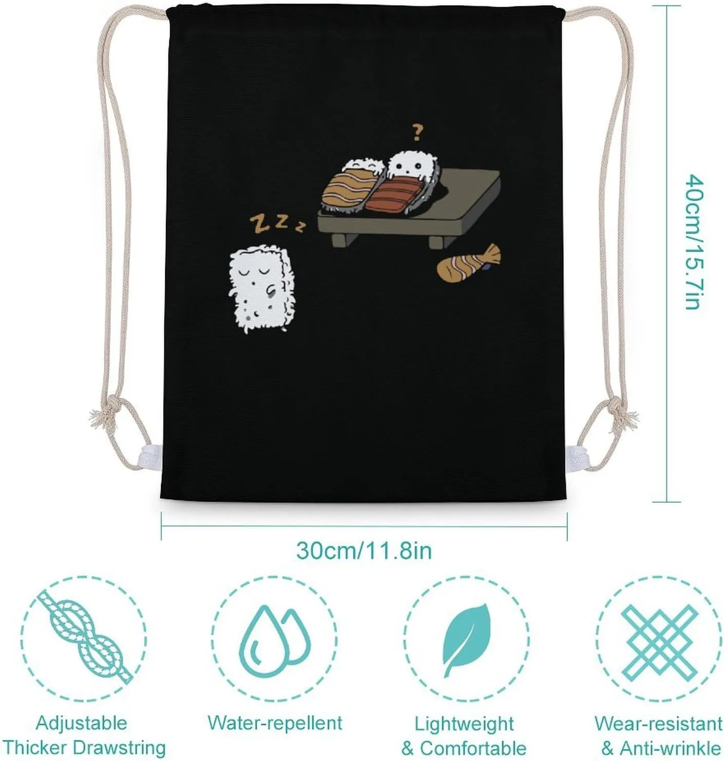 Funny Sleepwalking Sushi Canvas Drawstring Bags Sports Gym Sackpack String Backpack Beach Sack Bag Travel Bag 30x40cm