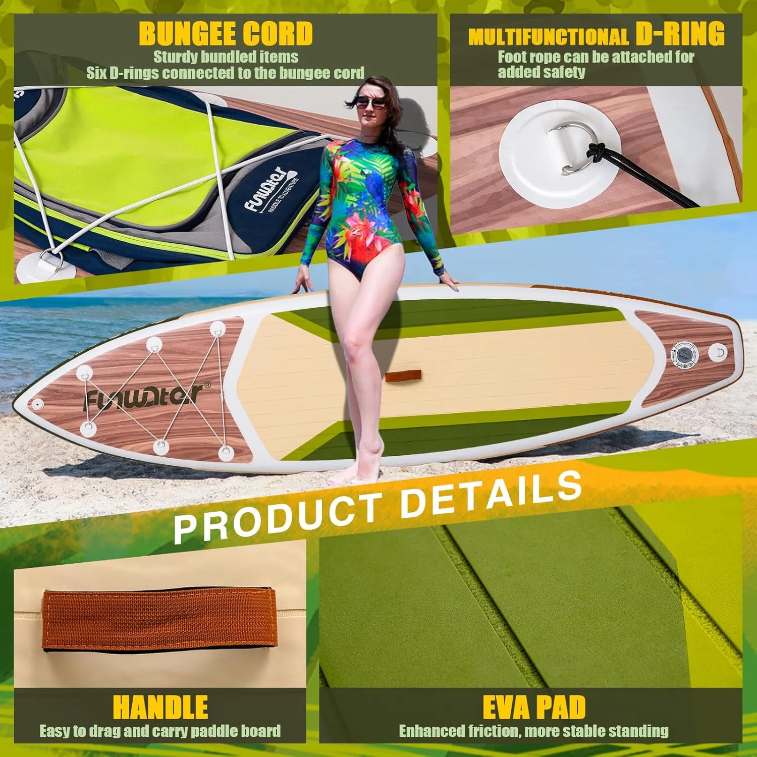 FunWater Inflatable Stand Up Paddle Board with Premium SUP Paddleboard Accessories, Wide Stable Anti-Slip EVA Deck, 11'/10'6" Paddle Boards for Adults & Youth of All Skill Levels