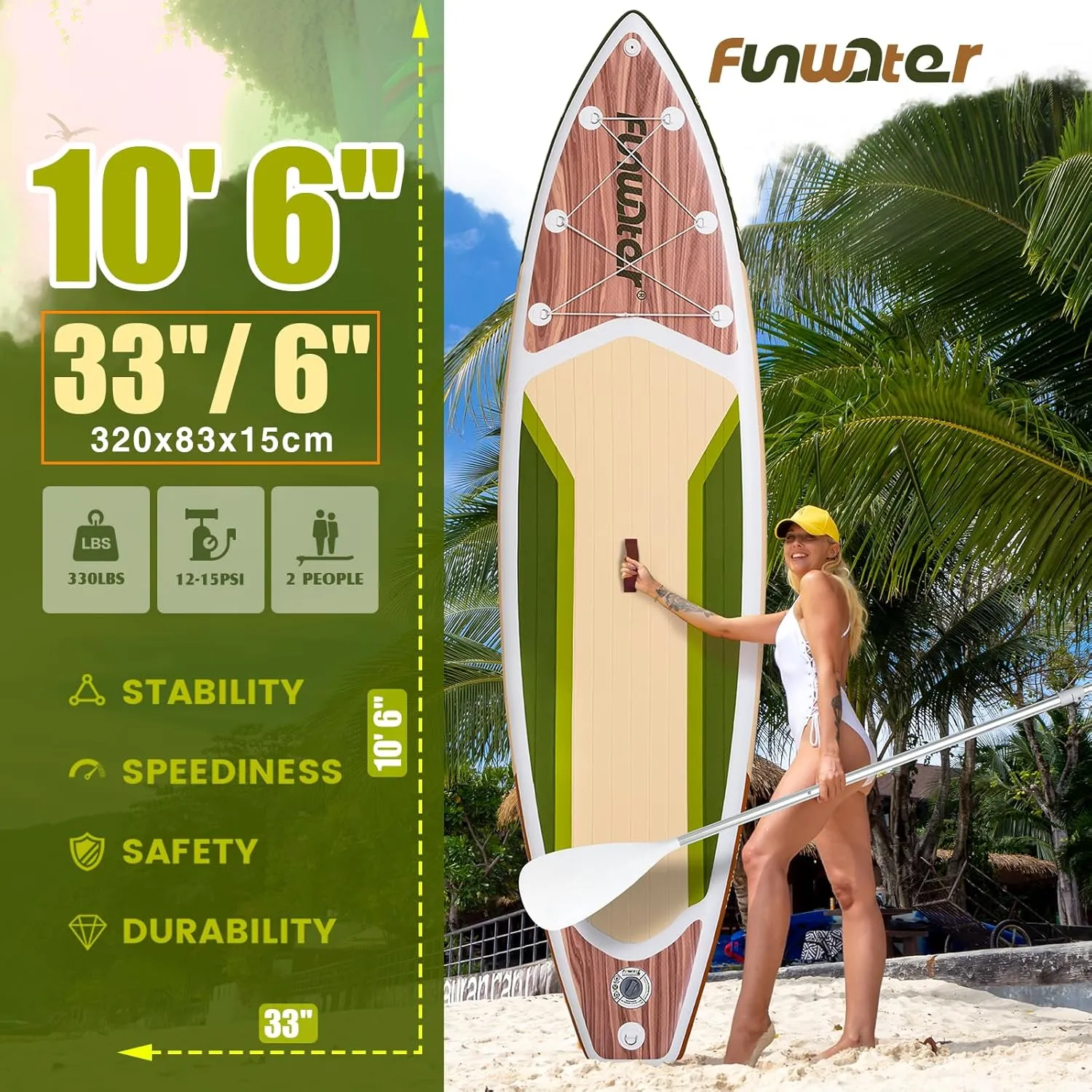 FunWater Inflatable Stand Up Paddle Board with Premium SUP Paddleboard Accessories, Wide Stable Anti-Slip EVA Deck, 11'/10'6" Paddle Boards for Adults & Youth of All Skill Levels