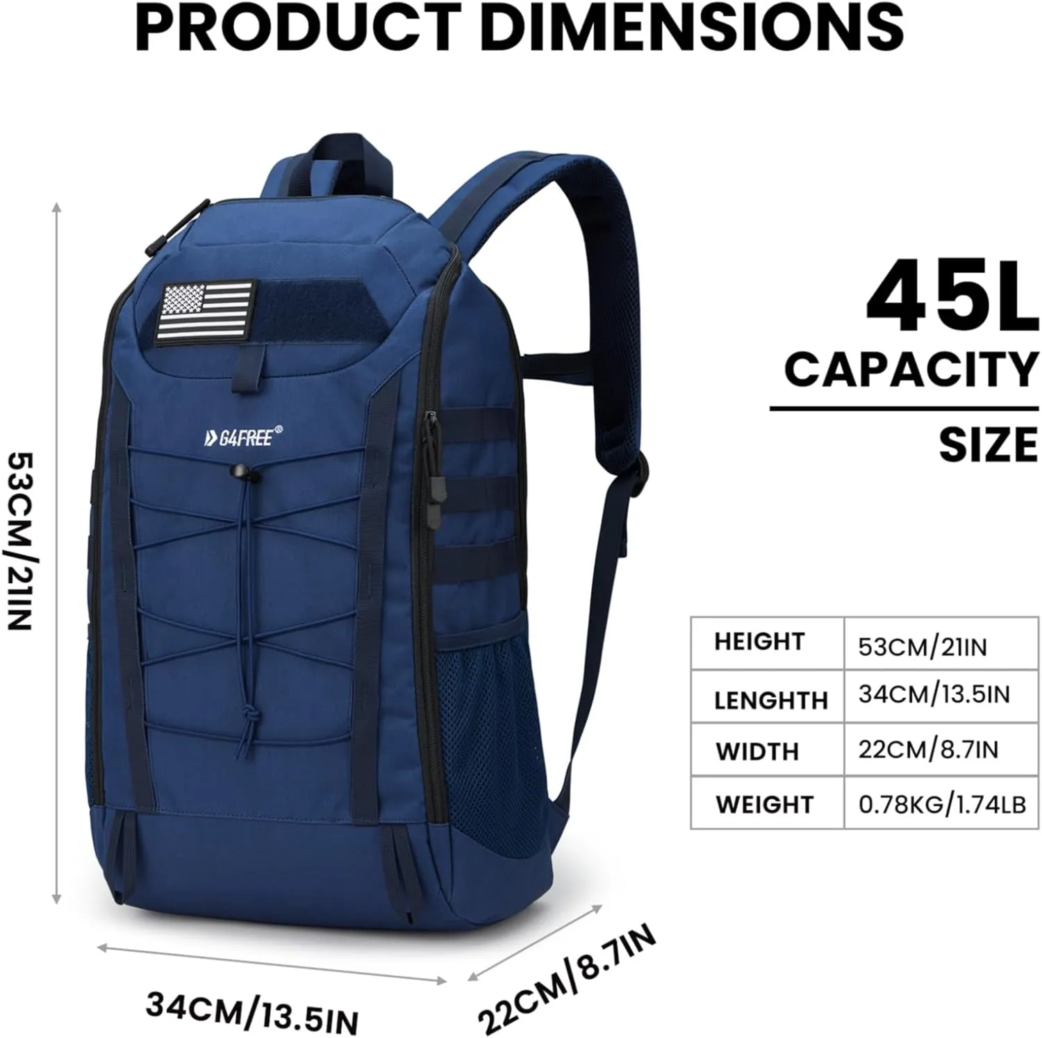 G4Free 45L Military Tactical Backpack 3 Day Assault Survival Molle Pack for Hiking Camping Traveling(Dark Blue)
