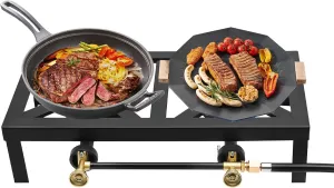 Gas Stove Burner, Portable Stove Propane Burner with Regulator Hose, Cast Iron Stove Burner Propane Cooker for Outdoor Camping, Barbecue, Grilling, Tailgating and Hiking (Double Burner)