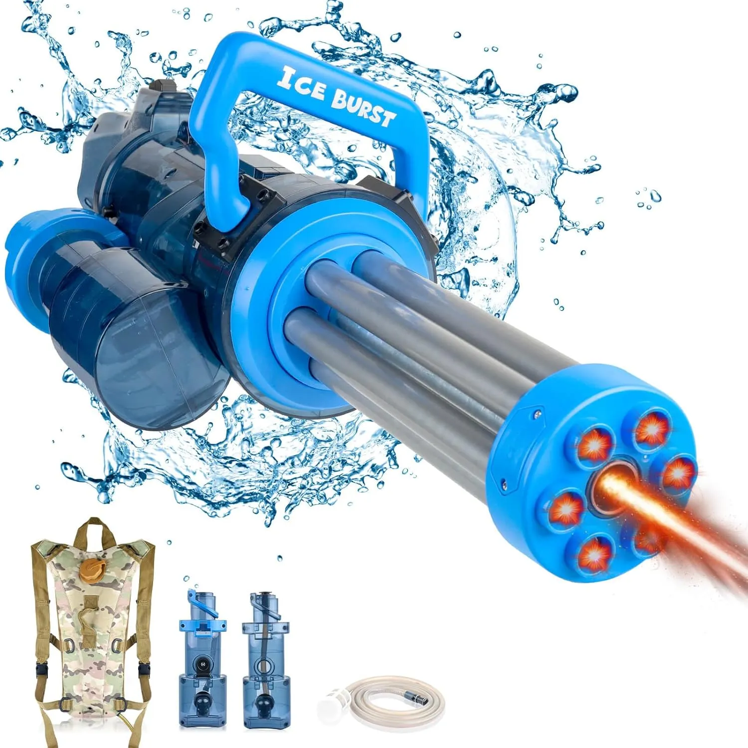 Gatling Water Gun, Powerful Electric Water Gun Rotating Water Gatling Gun with Plumbing & Backpack, Strongest Water Squirt Gun with Gunfire Lights Long Range Watergun for Pool, Outdoor