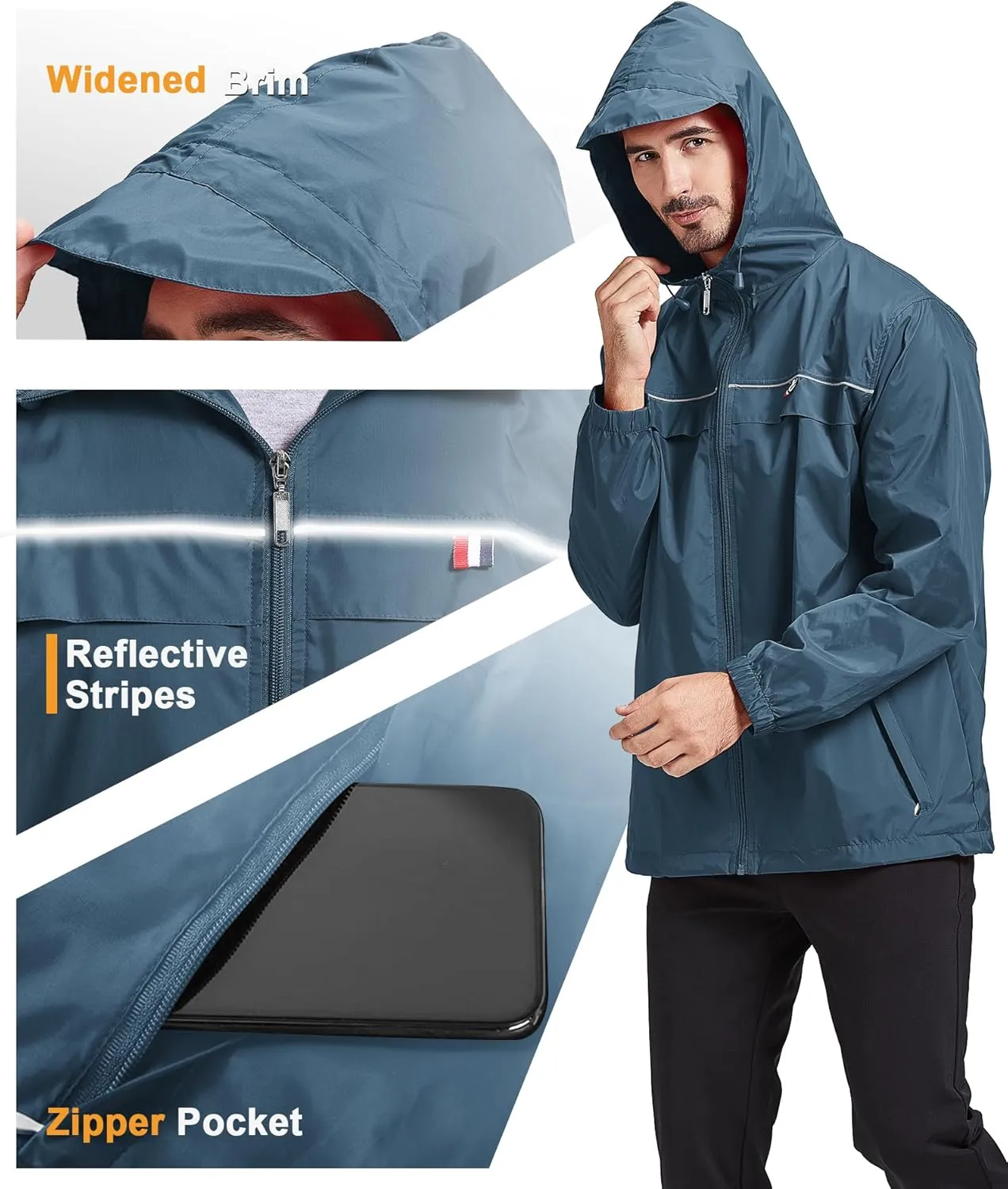 GEEK LIGHTING Mens Waterproof Hooded Rain Jacket Lightweight Raincoat for Outdoor Hiking Running Travel