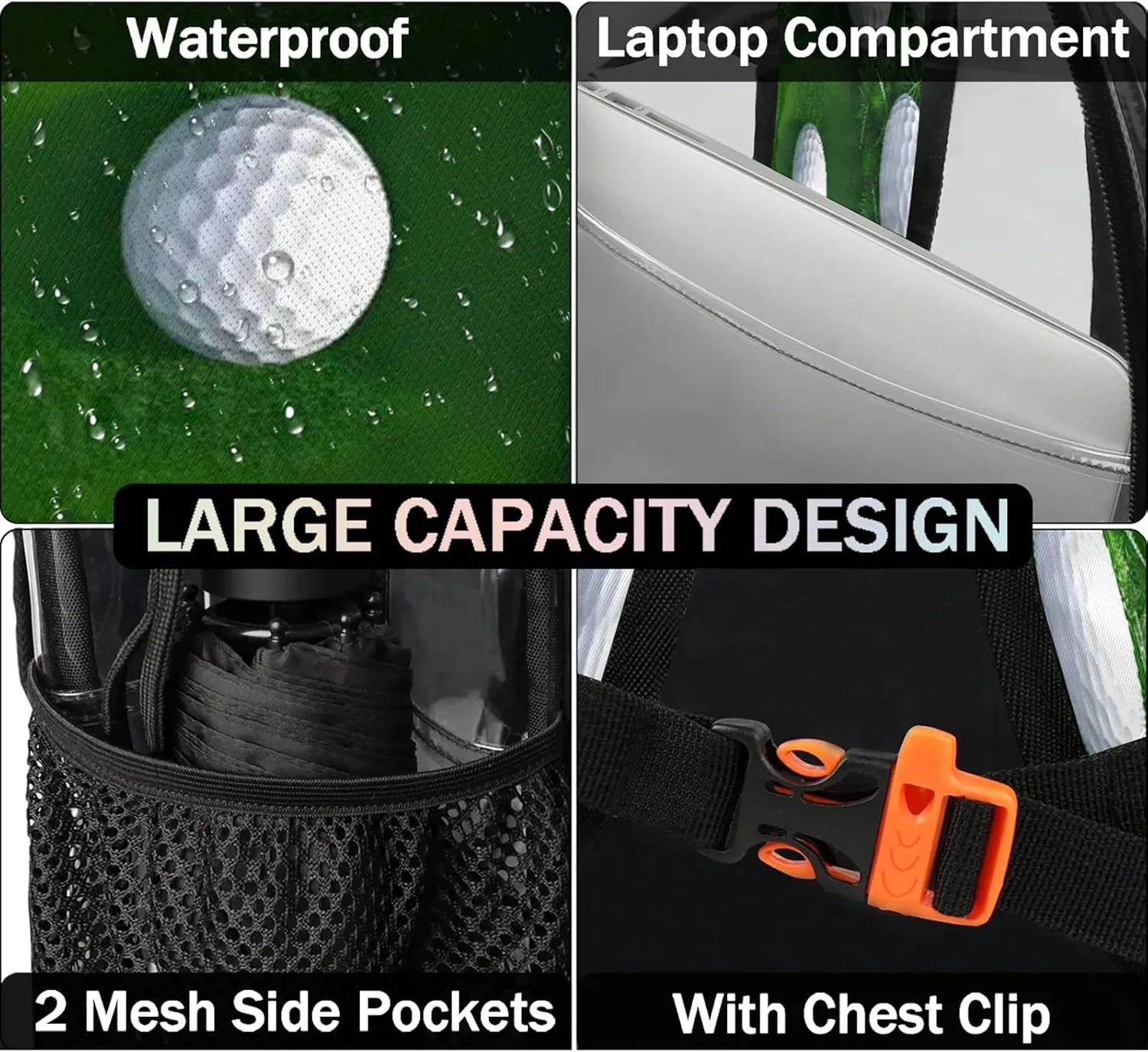 Golf Ball Clear Backpack PVC Waterproof Transparent Backpack Heavy Duty See Through Backpacks with Reinforced Strap for Travel Outdoor Concert Work