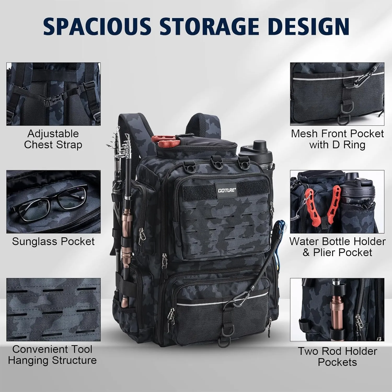 Goture Fishing Backpack with 4 Tackle Boxes, Fishing Tackle Backpack with Rod Holders, 45L 600D Large Fishing Bag Storage Fishing Gear Tackle Bag with 8 Lure Pockets,Rain Cover for Camping Hiking