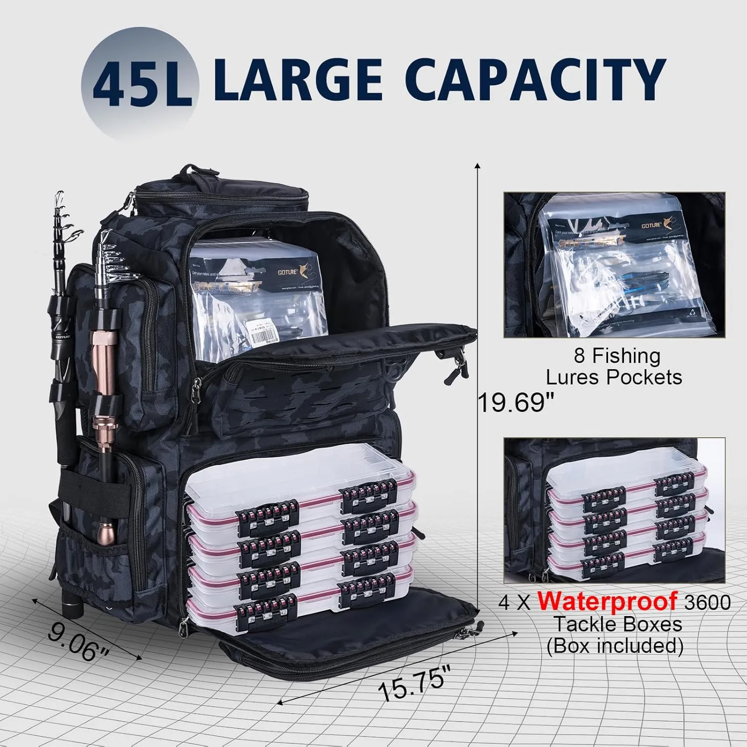 Goture Fishing Backpack with 4 Tackle Boxes, Fishing Tackle Backpack with Rod Holders, 45L 600D Large Fishing Bag Storage Fishing Gear Tackle Bag with 8 Lure Pockets,Rain Cover for Camping Hiking
