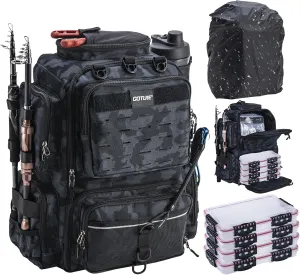Goture Fishing Backpack with 4 Tackle Boxes, Fishing Tackle Backpack with Rod Holders, 45L 600D Large Fishing Bag Storage Fishing Gear Tackle Bag with 8 Lure Pockets,Rain Cover for Camping Hiking