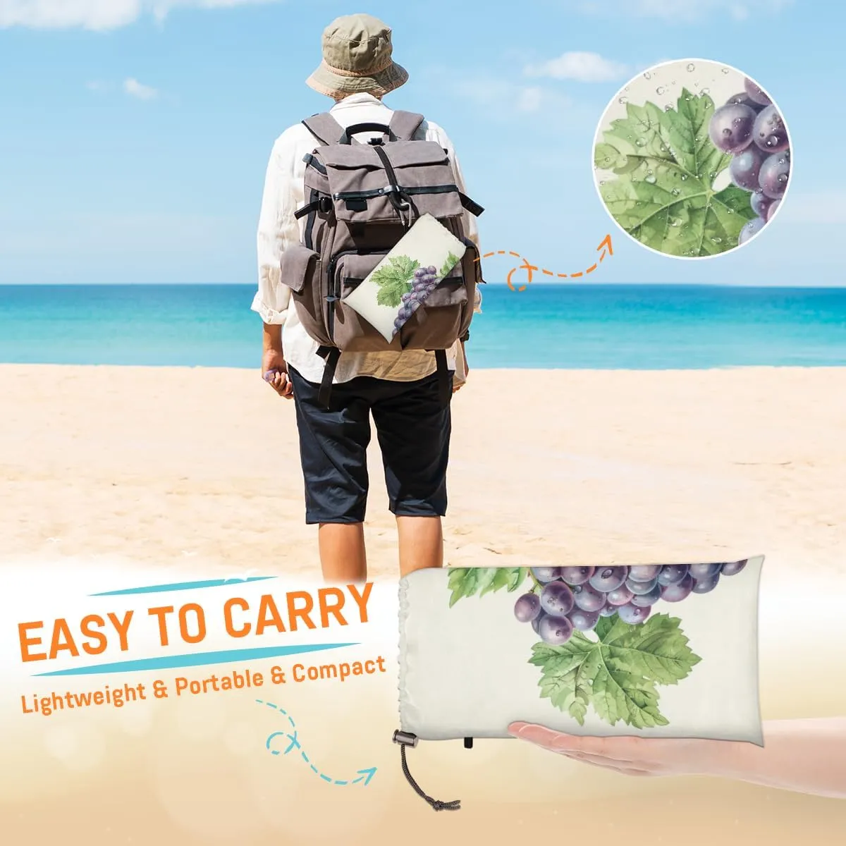 Grape Beach Blanket, Sandproof Beach Mat, Adults Waterproof Quick Drying Sand Free Mat with 4 x Ground Spikes for Outdoor Travel Camping Hiking, Grapes