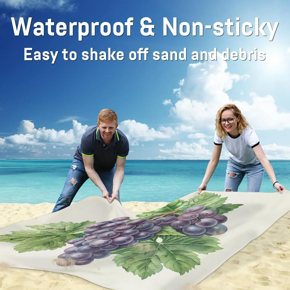 Grape Beach Blanket, Sandproof Beach Mat, Adults Waterproof Quick Drying Sand Free Mat with 4 x Ground Spikes for Outdoor Travel Camping Hiking, Grapes