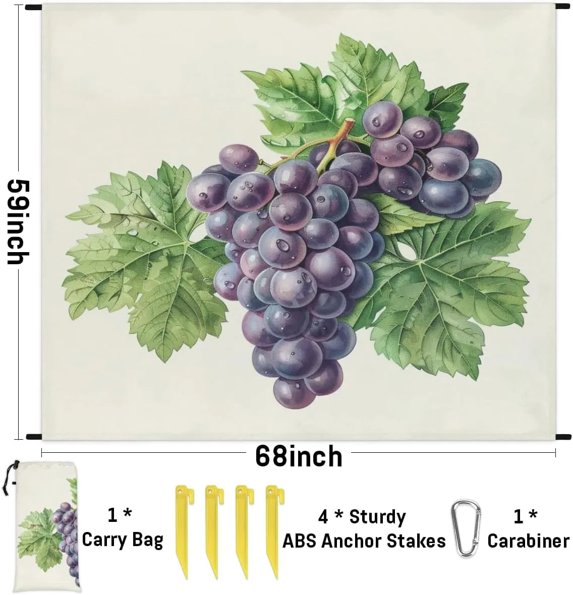 Grape Beach Blanket, Sandproof Beach Mat, Adults Waterproof Quick Drying Sand Free Mat with 4 x Ground Spikes for Outdoor Travel Camping Hiking, Grapes