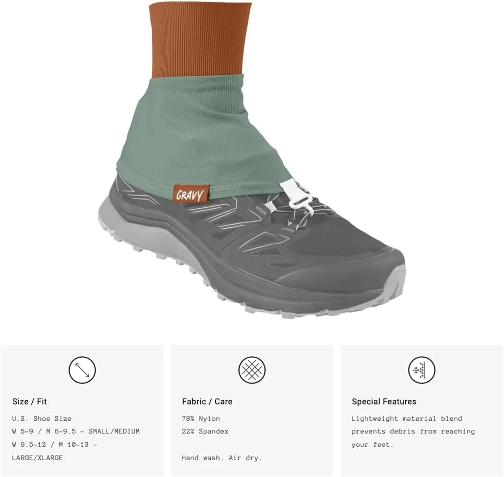 Gravy Style Trail Gaiters for Hiking, Trail Running, Backpacking, Prevent Debris in Shoes, Includes Fastener, Works with Compatible Shoes