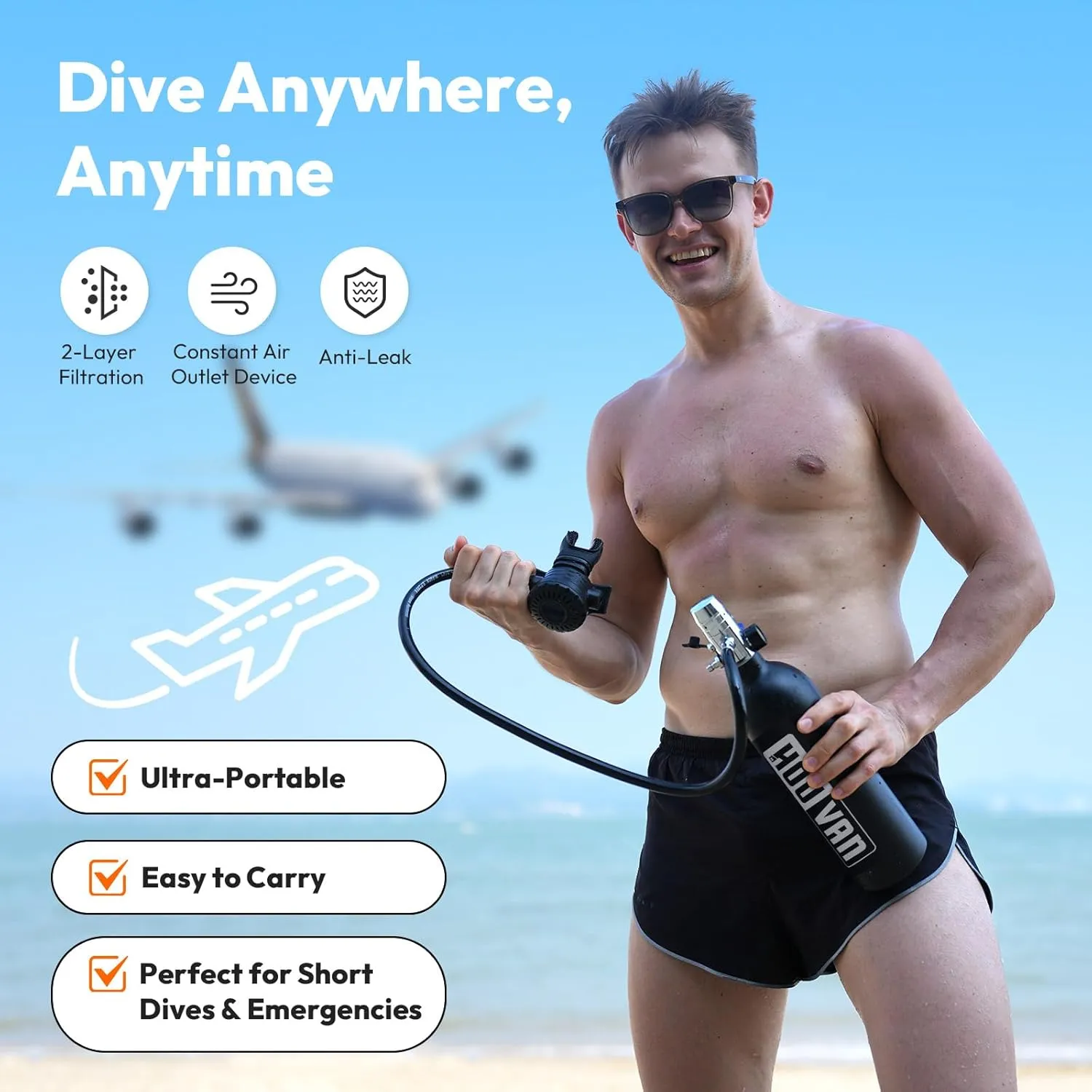 H400 Mini Scuba Tank 1.0L Scuba Tank Up to 20 Minutes Underwater Breathing Portable Diving Tank with On-Off Valve Reusable Pony Bottle for Underwater Exploration Emergency/Recreation