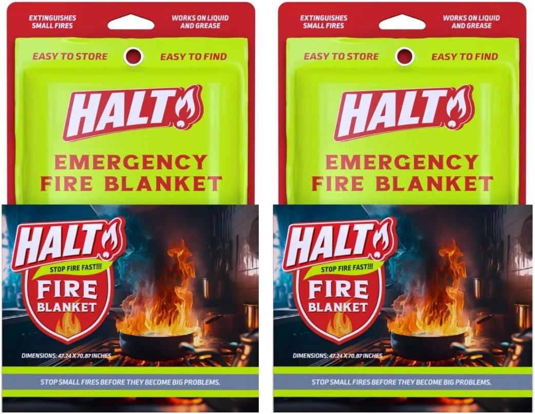 HALT! Emergency Fire Blanket - Rapid Fire Suppression for Home, Kitchen, Car & Camping |Lightweight, No Mess, Safe for Grease & Electrical Fires | Reusable & Never Expires (2-Pack)