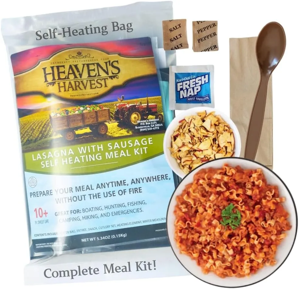 Heaven's Harvest Self-Heating Emergency Meal Kit (10 Year Shelf Life) — Tastier than MRE Meals & Ready-To-Eat in Minutes! Just add water to activate the “cooking” process. (Lasagna w/Sausage) (Single)