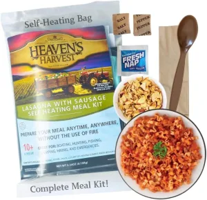 Heaven's Harvest Self-Heating Emergency Meal Kit (10 Year Shelf Life) — Tastier than MRE Meals & Ready-To-Eat in Minutes! Just add water to activate the “cooking” process. (Lasagna w/Sausage) (Single)