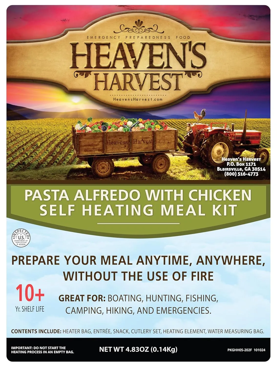 Heaven's Harvest Self-Heating Emergency Meal Kit (10 Year Shelf Life) — Tastier than MRE Meals & Ready-To-Eat in Minutes! Just add water to activate the “cooking” process. (Pasta Alfredo) (Single)