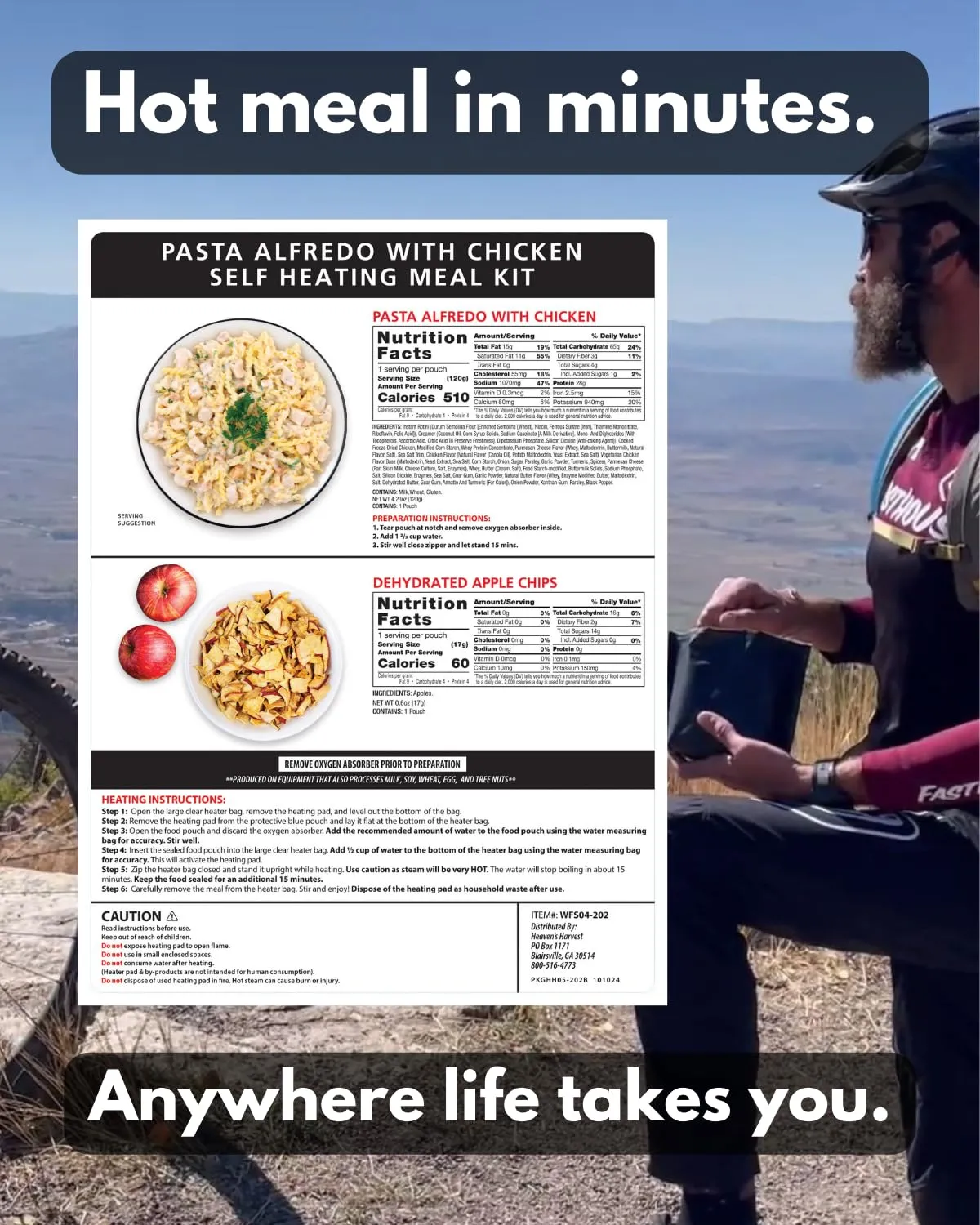 Heaven's Harvest Self-Heating Emergency Meal Kit (10 Year Shelf Life) — Tastier than MRE Meals & Ready-To-Eat in Minutes! Just add water to activate the “cooking” process. (Pasta Alfredo) (Single)