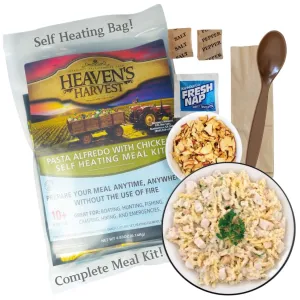 Heaven's Harvest Self-Heating Emergency Meal Kit (10 Year Shelf Life) — Tastier than MRE Meals & Ready-To-Eat in Minutes! Just add water to activate the “cooking” process. (Pasta Alfredo) (Single)