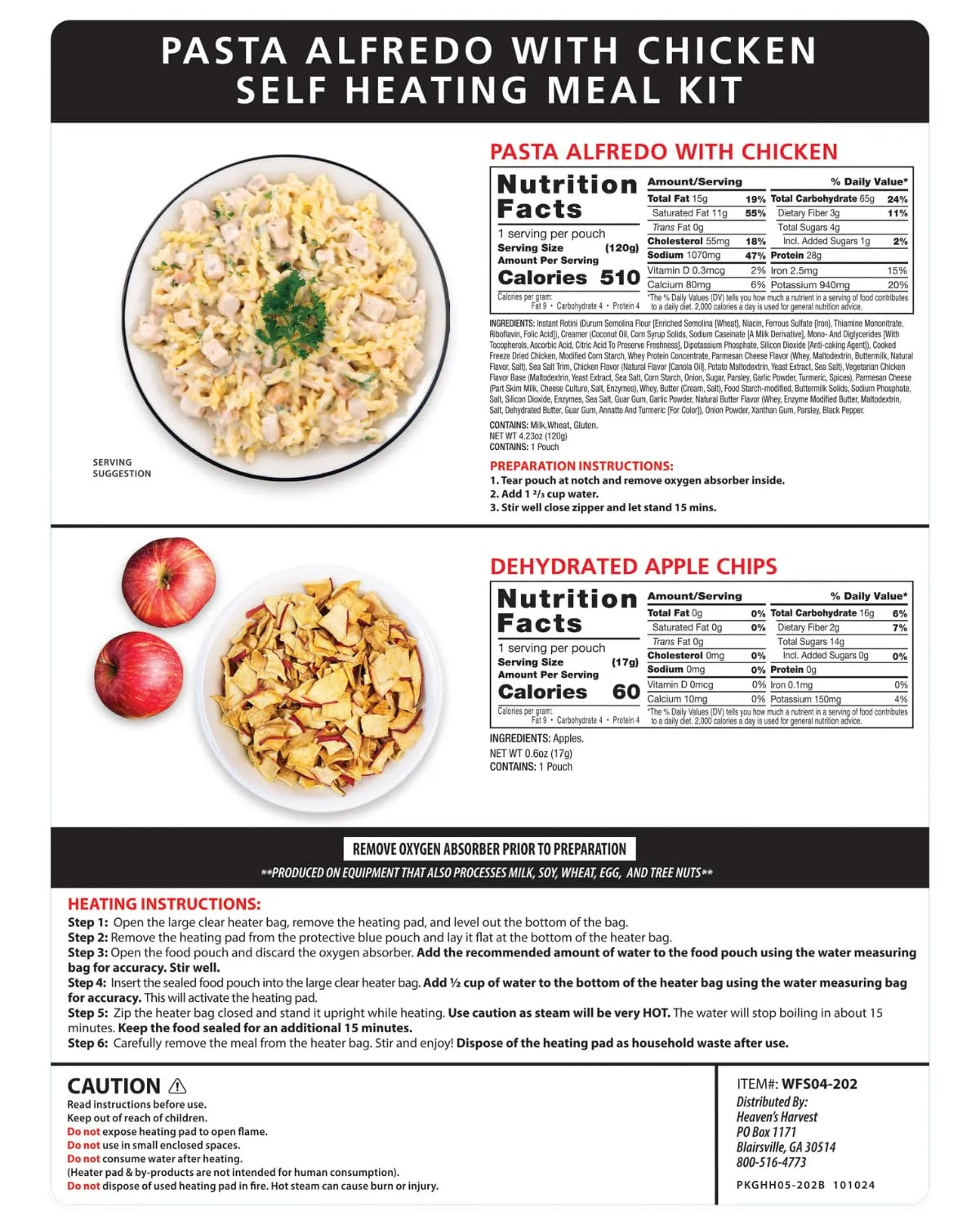 Heaven's Harvest Self-Heating Emergency Meal Kit (10 Year Shelf Life) — Tastier than MRE Meals & Ready-To-Eat in Minutes! Just add water to activate the “cooking” process. (Pasta Alfredo) (Single)