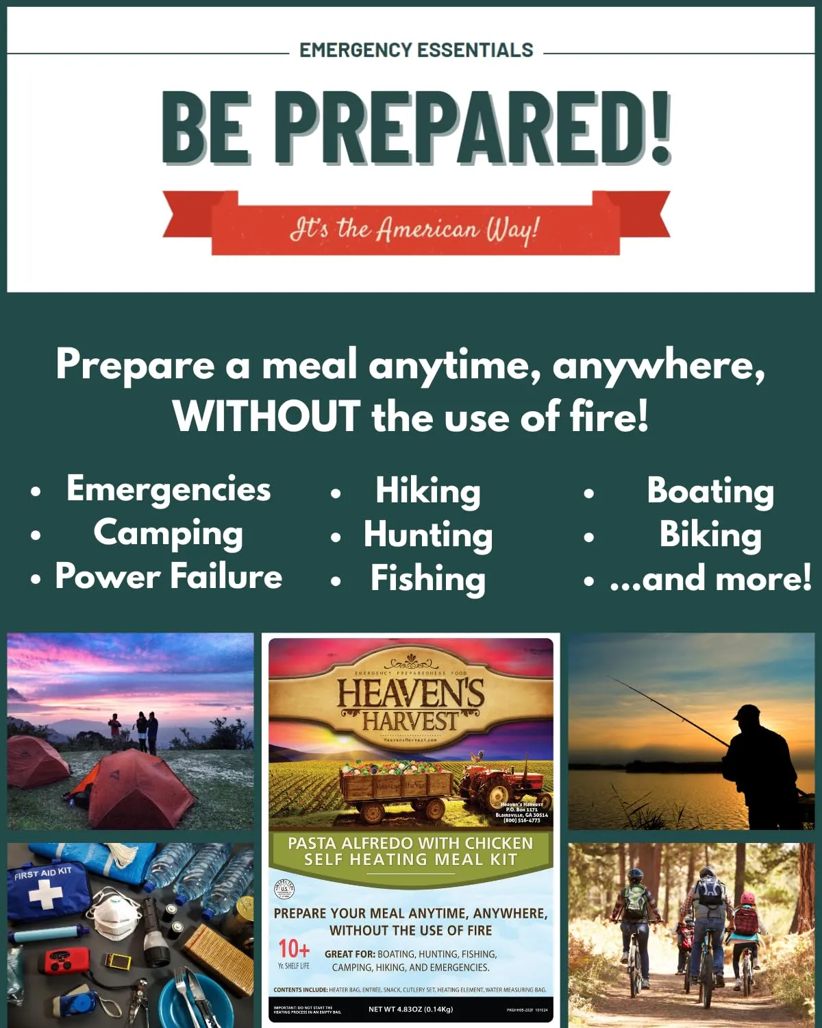 Heaven's Harvest Self-Heating Emergency Meal Kit (10 Year Shelf Life) — Tastier than MRE Meals & Ready-To-Eat in Minutes! Just add water to activate the “cooking” process. (Pasta Alfredo) (Single)