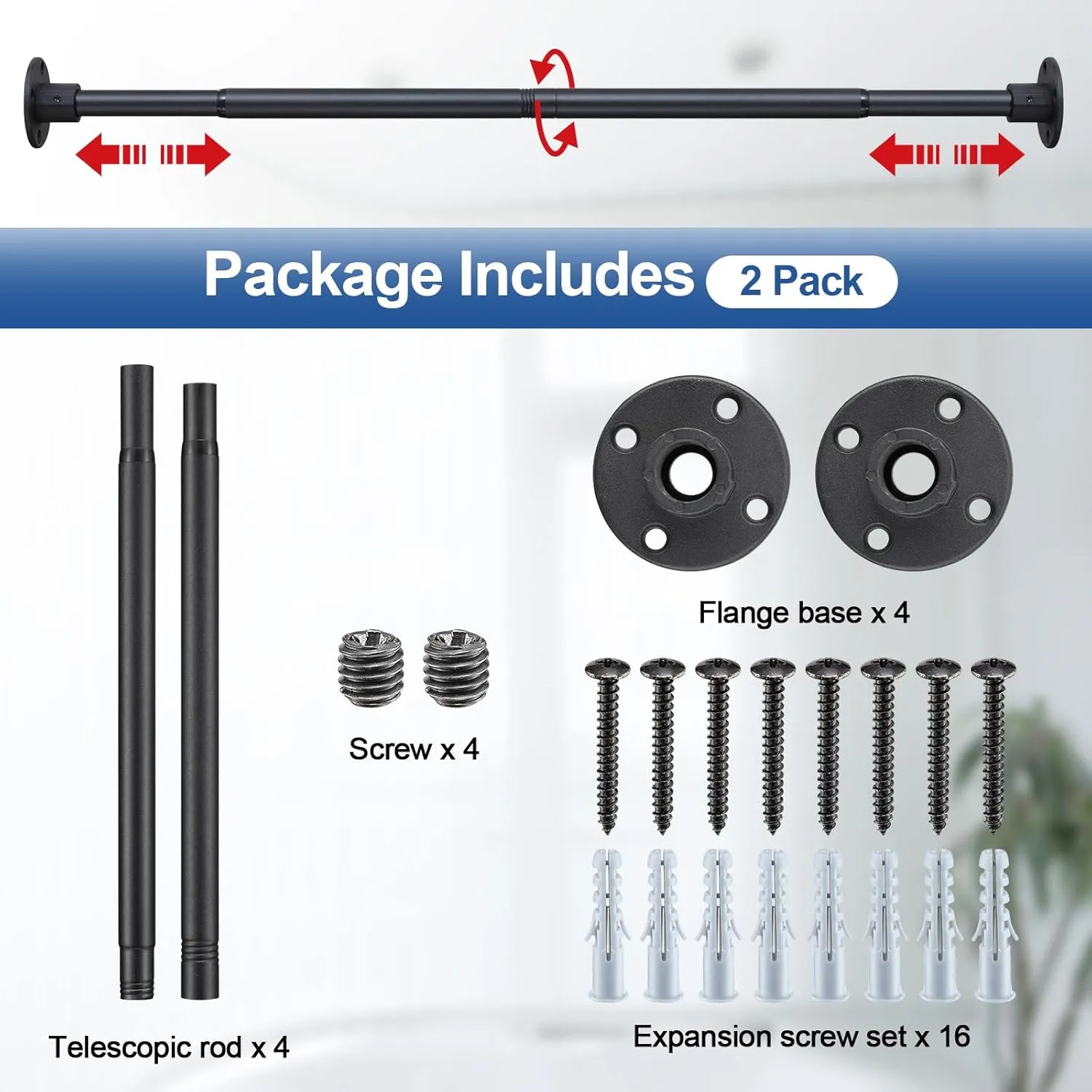 Heavy Duty Shower Curtain Rod - 28 to 48" Fixed Shower Curtain Rod Wall Mounted - Adjustable Extendable Rustproof for Bathroom,Closet,Doorway,Window - Matte Black 2 Pack