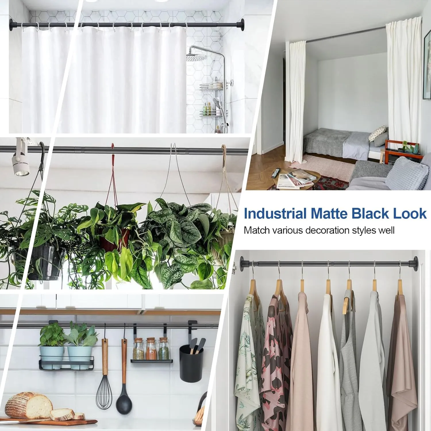 Heavy Duty Shower Curtain Rod - 28 to 48" Fixed Shower Curtain Rod Wall Mounted - Adjustable Extendable Rustproof for Bathroom,Closet,Doorway,Window - Matte Black 2 Pack
