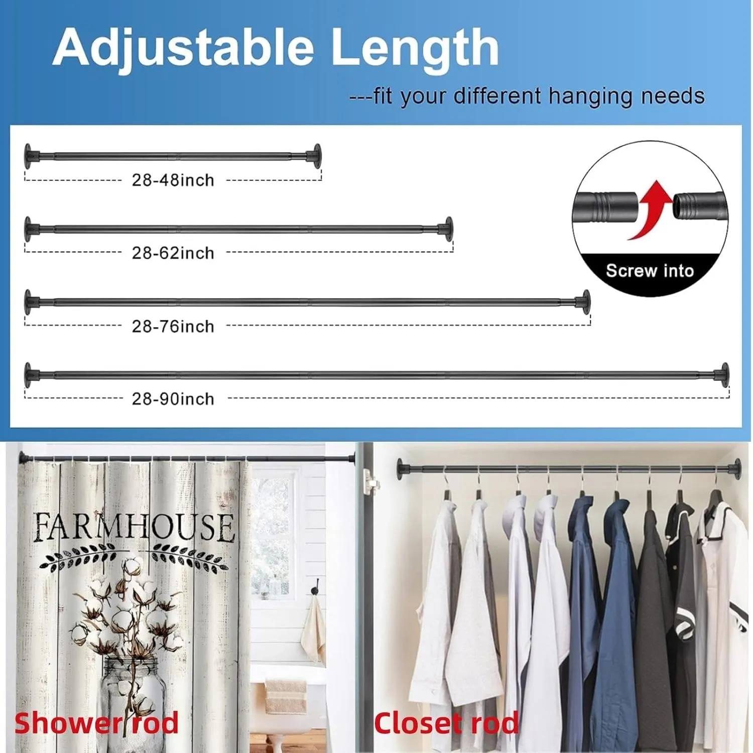 Heavy Duty Shower Curtain Rod - 28 to 48" Fixed Shower Curtain Rod Wall Mounted - Adjustable Extendable Rustproof for Bathroom,Closet,Doorway,Window - Matte Black 2 Pack