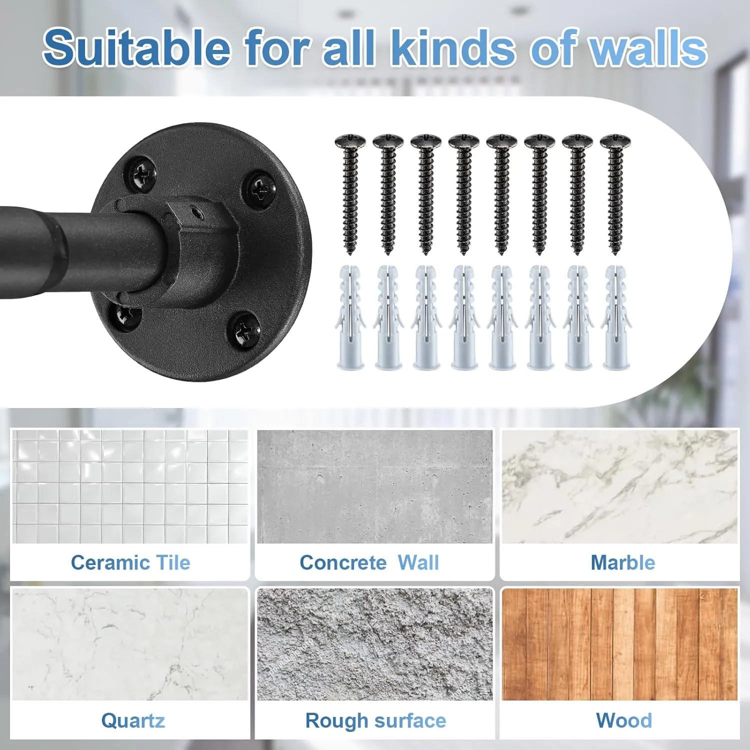 Heavy Duty Shower Curtain Rod - 28 to 48" Fixed Shower Curtain Rod Wall Mounted - Adjustable Extendable Rustproof for Bathroom,Closet,Doorway,Window - Matte Black 2 Pack