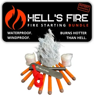 Hell's Fire - Fire Starting Bundle | Kit Includes Hell’s Fire Clay, 3" Ferro Rod Fire Striker, 2 Fire Rolls, & 8 Giant Stormproof Matches