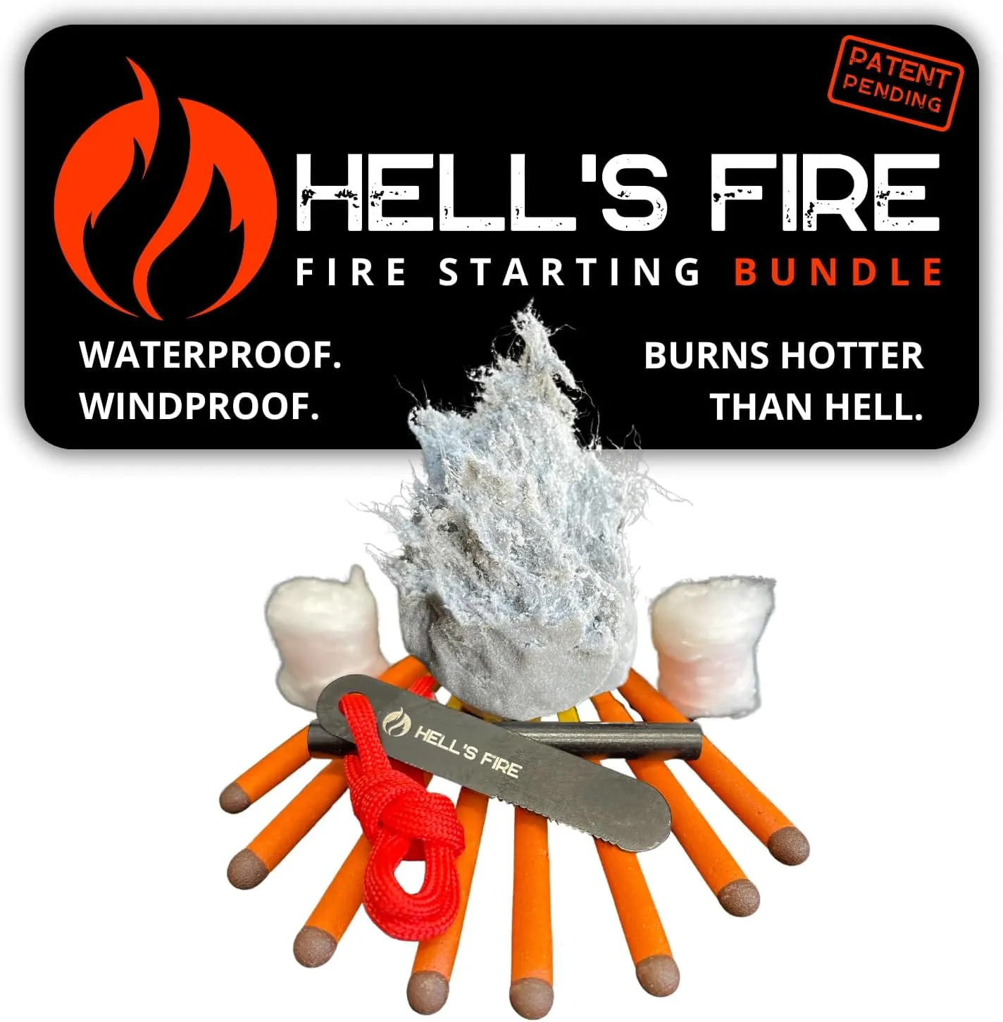 Hell's Fire - Fire Starting Bundle | Kit Includes Hell’s Fire Clay, 3" Ferro Rod Fire Striker, 2 Fire Rolls, & 8 Giant Stormproof Matches