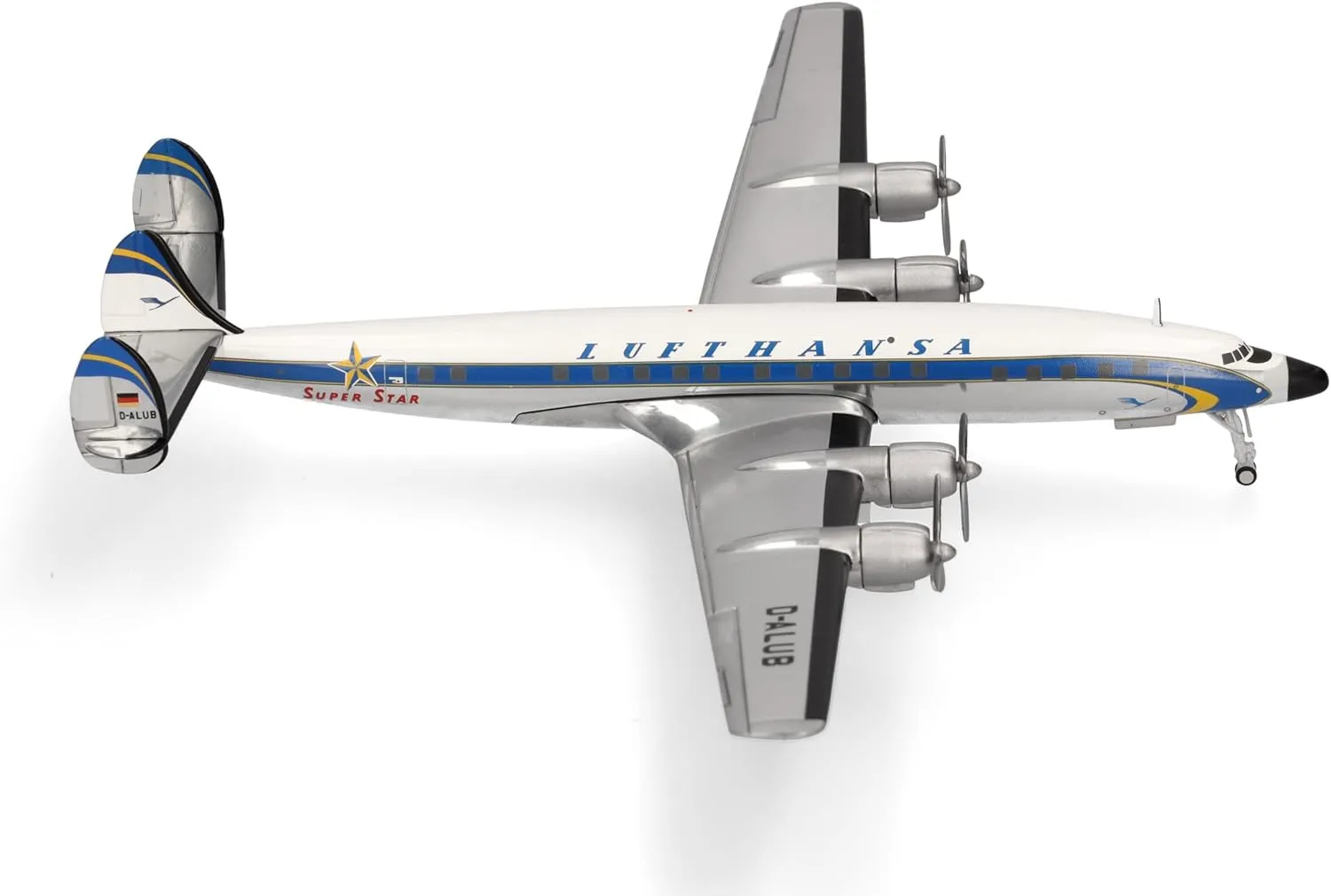 Herpa 573030 Airplane Lufthansa Lockheed L-1649A Super Star-delivery Scheme, Miniature at 1:200 Scale, Collector's Item, Model Without Stand, Metal, Color: White