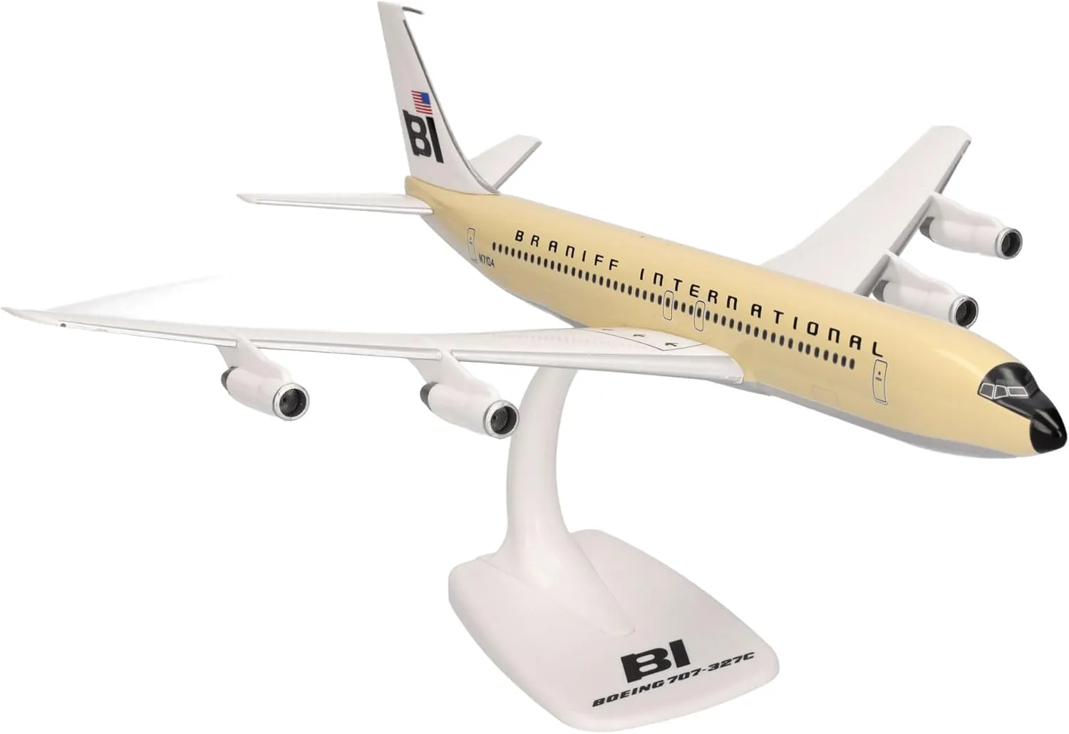 Herpa Snap-fit Airplane Model Boeing 707-300 Braniff on Scale of 1:144, Plastic Miniature with pedastal, Model Building, Collectors Edition, Colour: Solid Beige