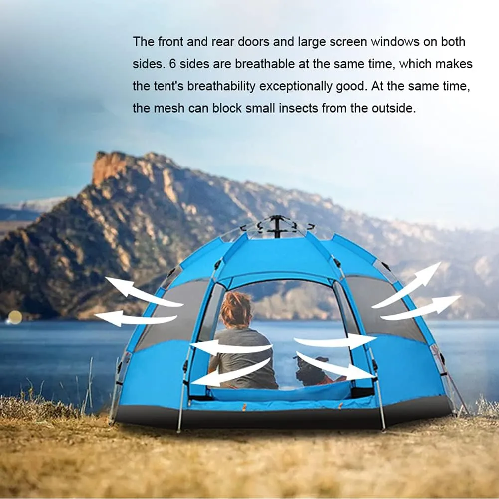 Hexagonal Tent Automatic Opening Pop Up Tent Outdoor Camping Tent Double Layer Portable Lightweight Backpack Tent Perfect for Camping (Blue 3~5 Person) (Blue 3~5 Person)