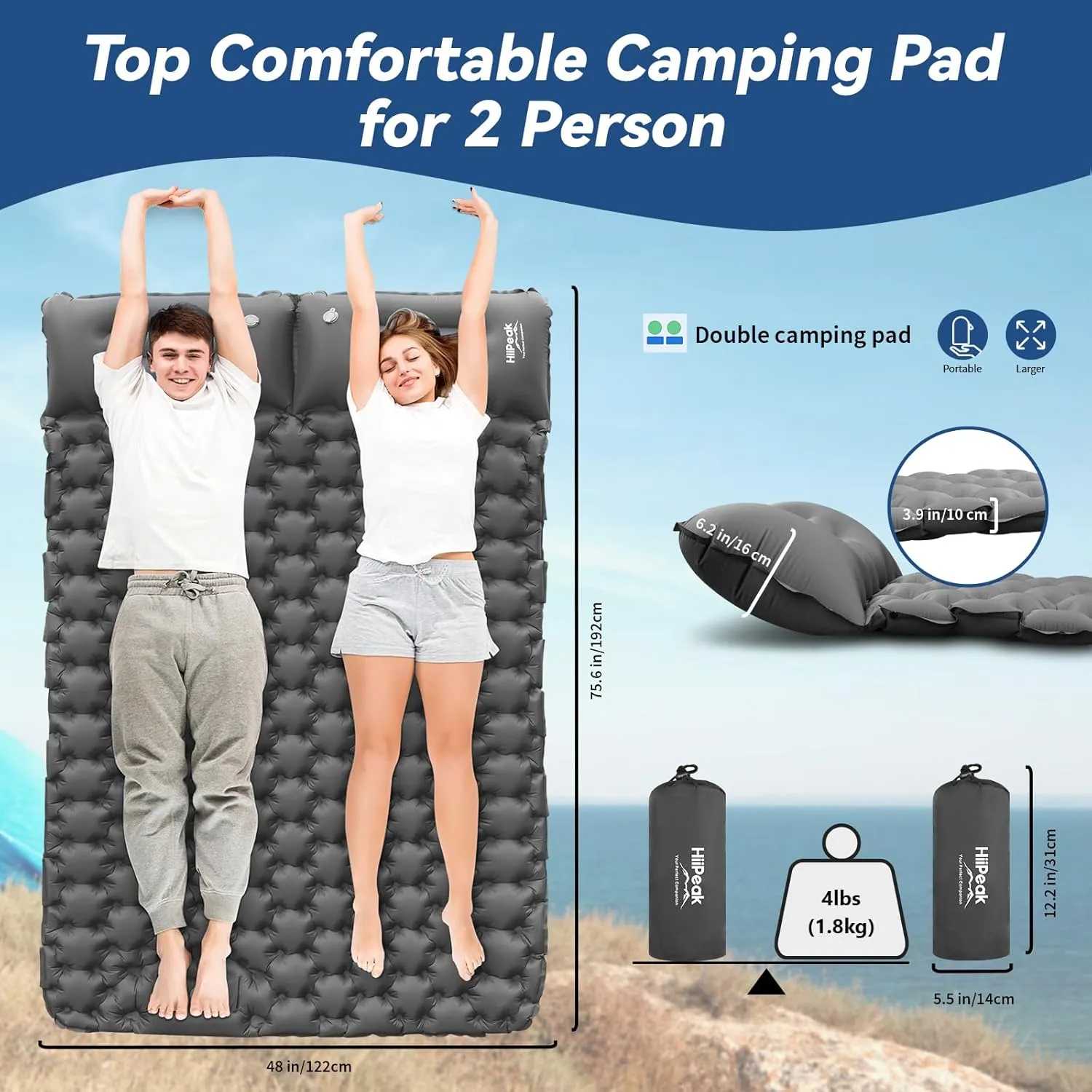 HiiPeak Double Sleeping Pad - Self Inflating 4" Extra-Thick for 2 Person with Pillow Built-in Foot Pump Inflatable Sleeping Mat for Backpacking, Hiking, Traveling, Tent, Portable Camping Mat