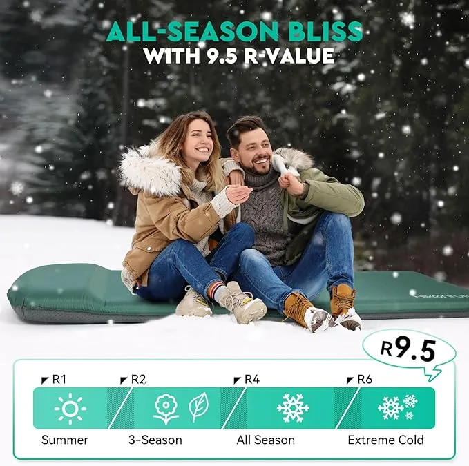 Hikenture Self Inflating Sleeping Pad for Camping, 3'' Ultra Thick Camping Pad with Pillow, 9.5 R-Value Insulated Camping Mattress, 4-Season Inflatable Foam Camping Mat for Car, Tent, Cot