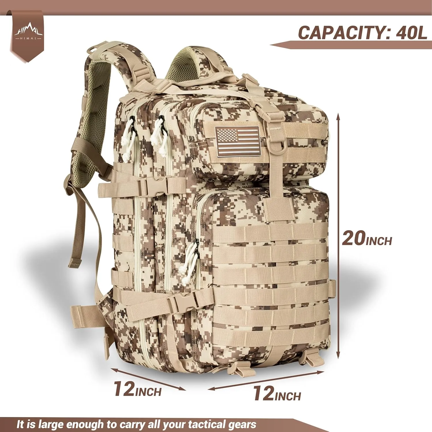 Himal Outdoors Military Tactical Backpack - Large Army 3 Day Assault Pack Molle Bag Rucksack,40L (Acu)