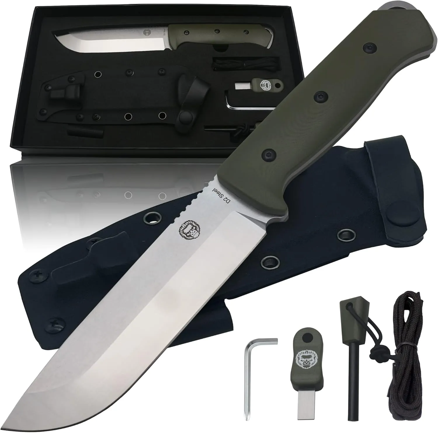 Holtzman's Gorilla Survival Bushwhacker Fixed Blade Knife with Fire Starter, G10 Scraper, and Paracord (Green) - Ideal for Camping and Survival