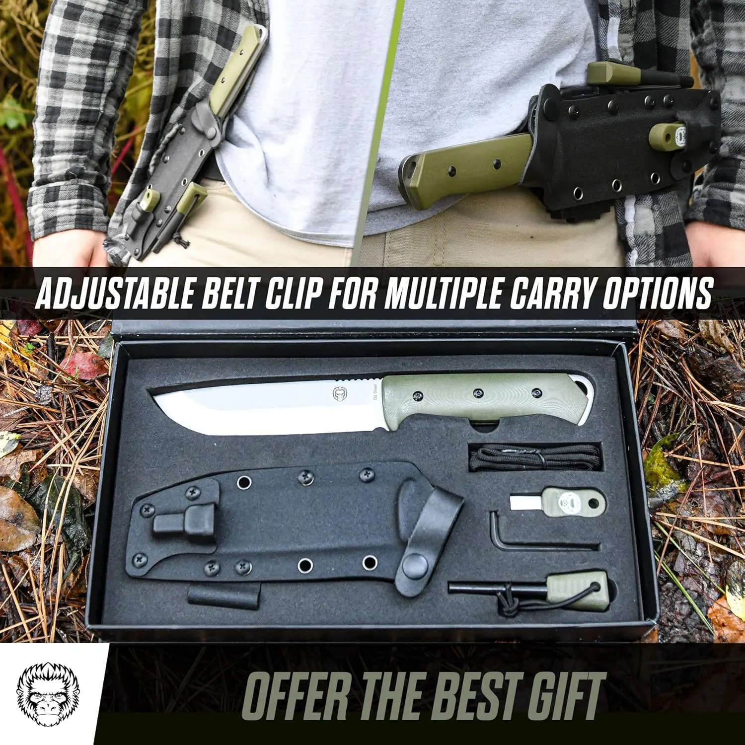 Holtzman's Gorilla Survival Bushwhacker Fixed Blade Knife with Fire Starter, G10 Scraper, and Paracord (Green) - Ideal for Camping and Survival