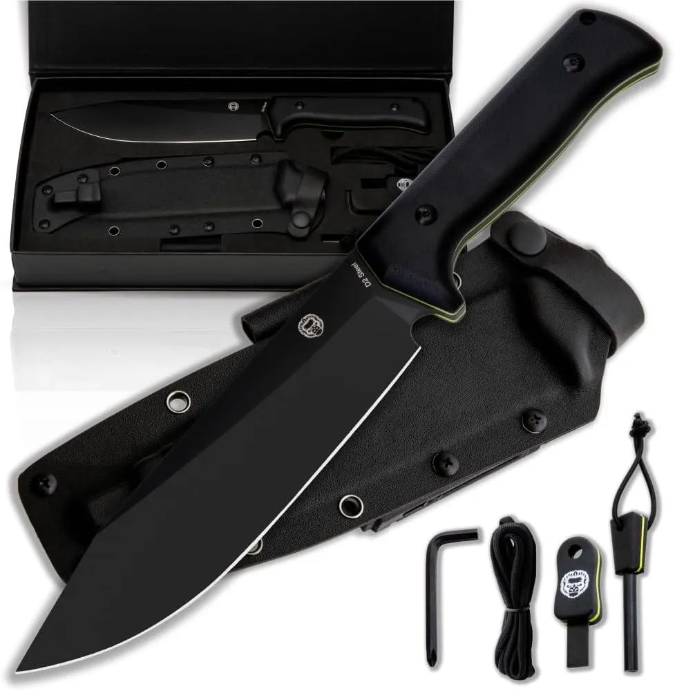 Holtzman's Gorilla Survival Congo Fixed Blade Camping & Survival Knife with Fire Starter, G10 Scraper & Paracord (Black) - Ideal for Bushcraft and Outdoor Adventures