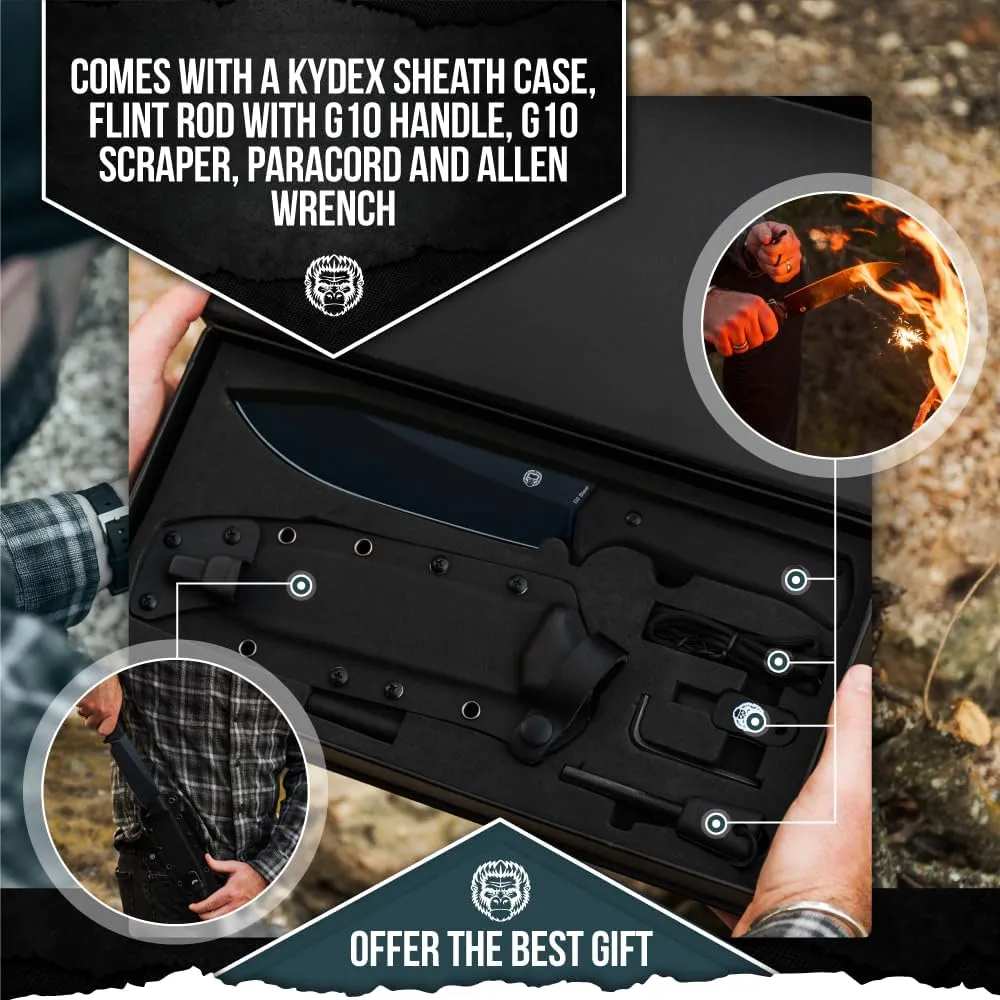 Holtzman's Gorilla Survival Congo Fixed Blade Camping & Survival Knife with Fire Starter, G10 Scraper & Paracord (Black) - Ideal for Bushcraft and Outdoor Adventures