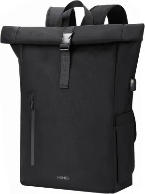 HOMIEE Roll Top Backpack for Men Women, 30L Expandable Waterproof Travel Laptop Backpack with USB Charging Port, Black