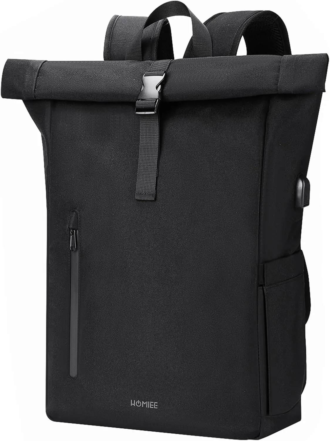 HOMIEE Roll Top Backpack for Men Women, 30L Expandable Waterproof Travel Laptop Backpack with USB Charging Port, Black