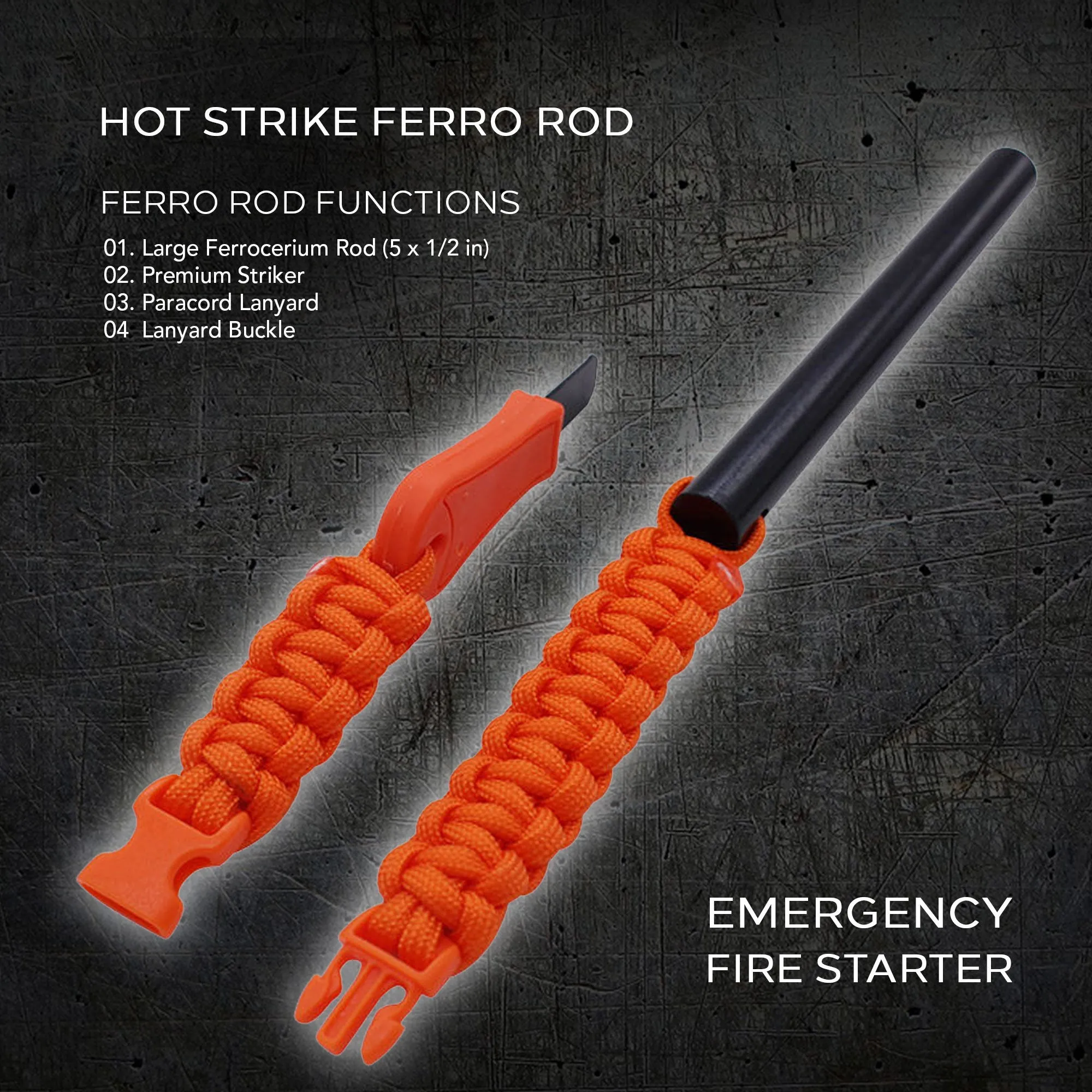 Hot Strike Ferro Rod Fire Starter | Emergency Ferrocerium Tool with Premium Striker and Lanyard with Buckle | Large Flint & Steel Survival Kit (5 x 1/2 in) | Camping;  Survival;  Emergency