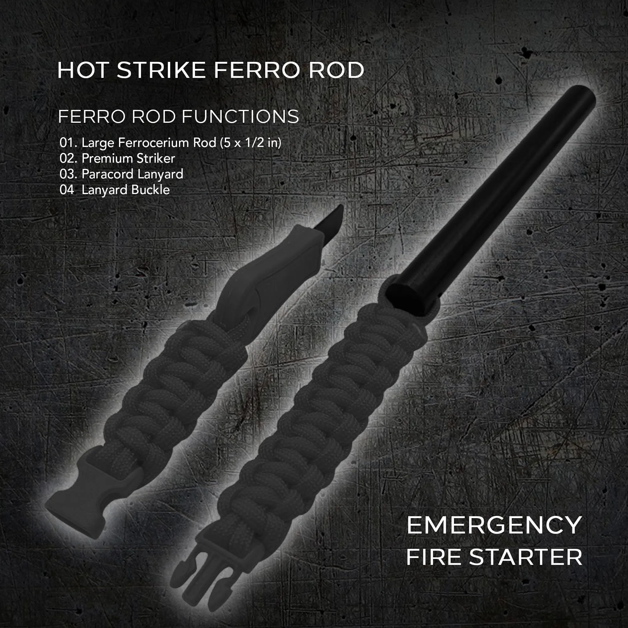 Hot Strike Ferro Rod Fire Starter | Emergency Ferrocerium Tool with Premium Striker and Lanyard with Buckle | Large Flint & Steel Survival Kit (5 x 1/2 in) | Camping;  Survival;  Emergency