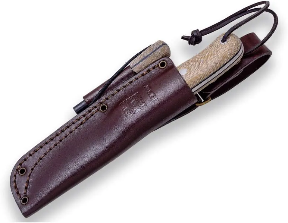 Hunting and Mountaineering Knife Joker CM113-P Trampero, Walnut Wood Handle, 10 cm Steel Blade Sandvik 14c28n, with Leather Sheath, Fire Starter, Tool for Fishing, Hunting, Camping and Hiking