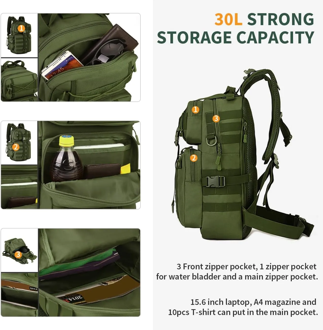 HUNTVP 30L Military Backpack, Men's Sports Backpack Tactical Backpack, 30 Litres, Miltec Backpack for Travel Trekking Cycling Outdoor Camping Hiking