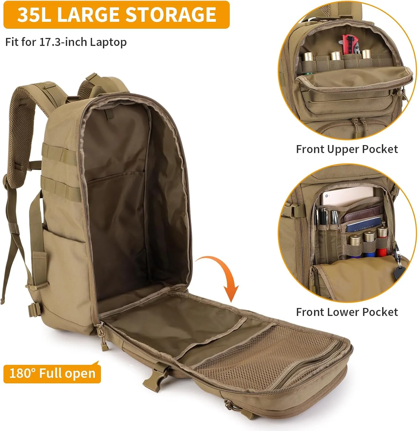 HUNTVP 35L Tactical Backpack Military MOLLE Bag Army Tactical Laptop Backpack 3 Day Pack 1000D Military Gear Camping Hiking Outdoor Rucksack with 15.6 inch Laptop Quick Access, Brown