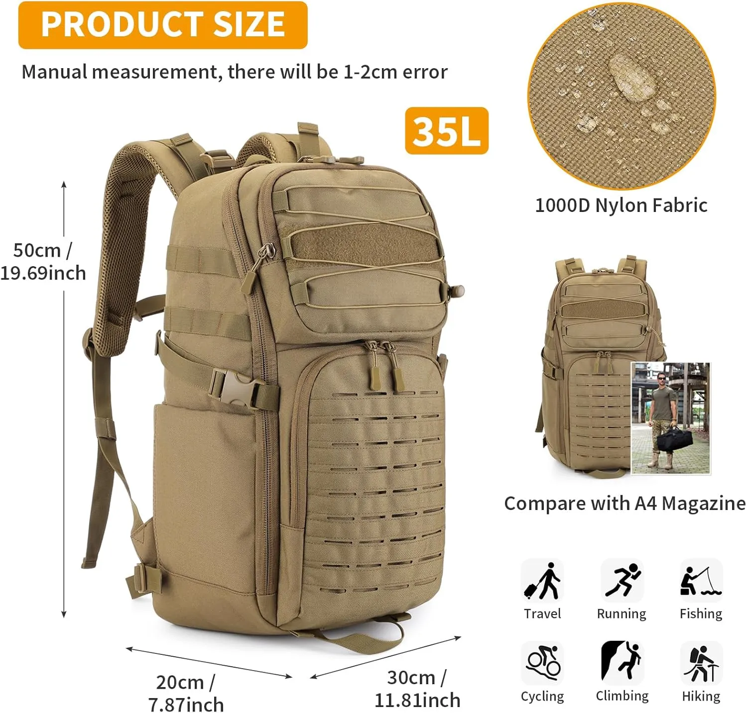 HUNTVP 35L Tactical Backpack Military MOLLE Bag Army Tactical Laptop Backpack 3 Day Pack 1000D Military Gear Camping Hiking Outdoor Rucksack with 15.6 inch Laptop Quick Access, Brown