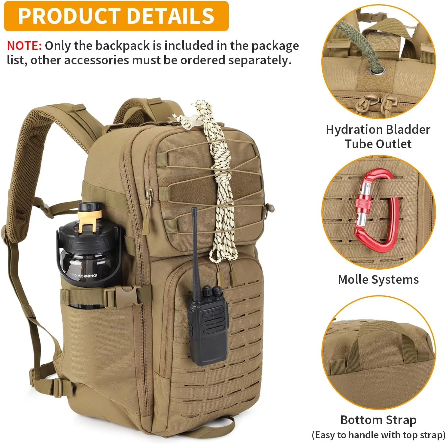 HUNTVP 35L Tactical Backpack Military MOLLE Bag Army Tactical Laptop Backpack 3 Day Pack 1000D Military Gear Camping Hiking Outdoor Rucksack with 15.6 inch Laptop Quick Access, Brown