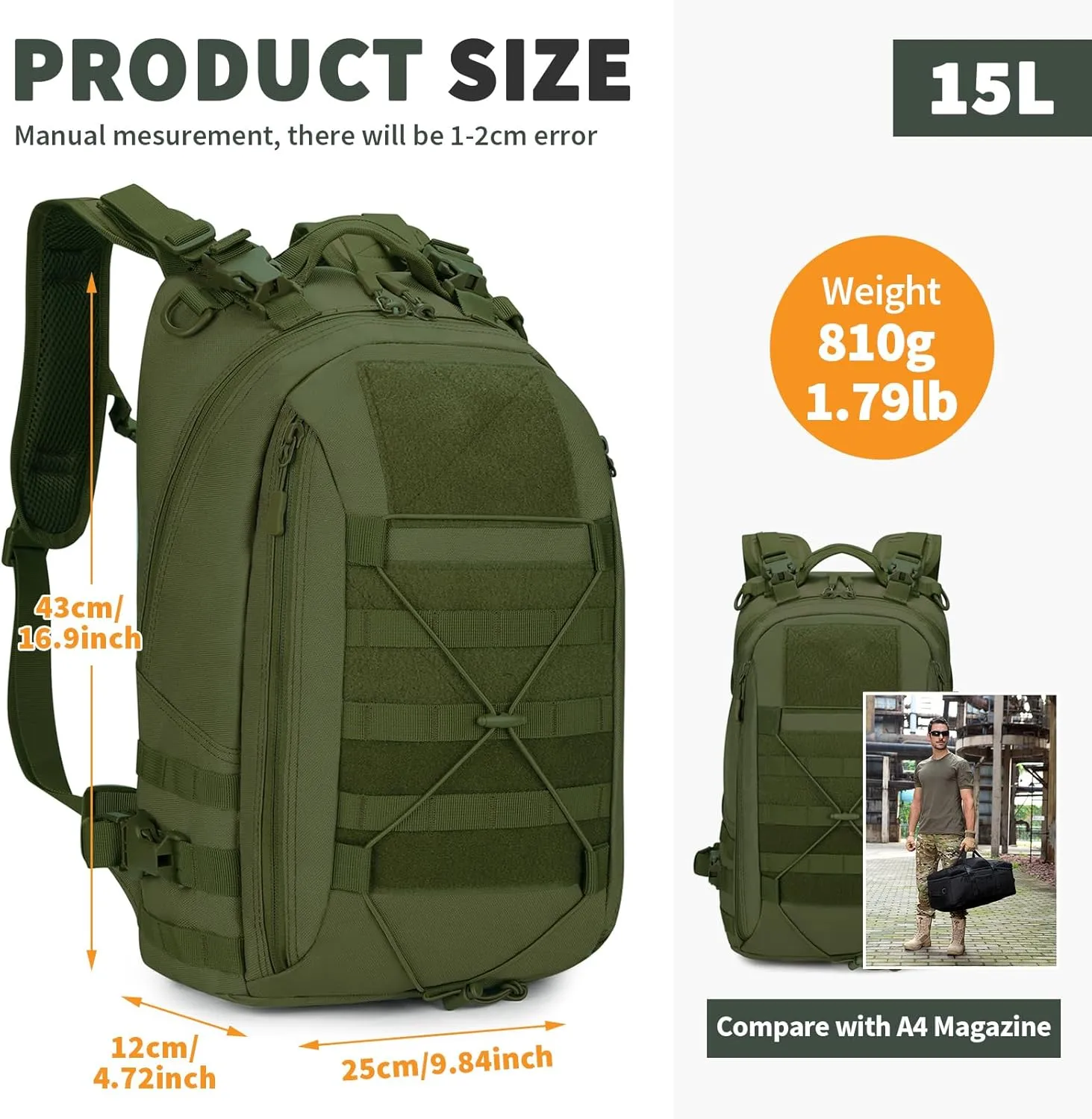 HUNTVP Military MOLLE Backpack Hunting Rucksack Gear Tactical Backpck Assault Pack Can Attach with the Vest and Belt (Army Green)
